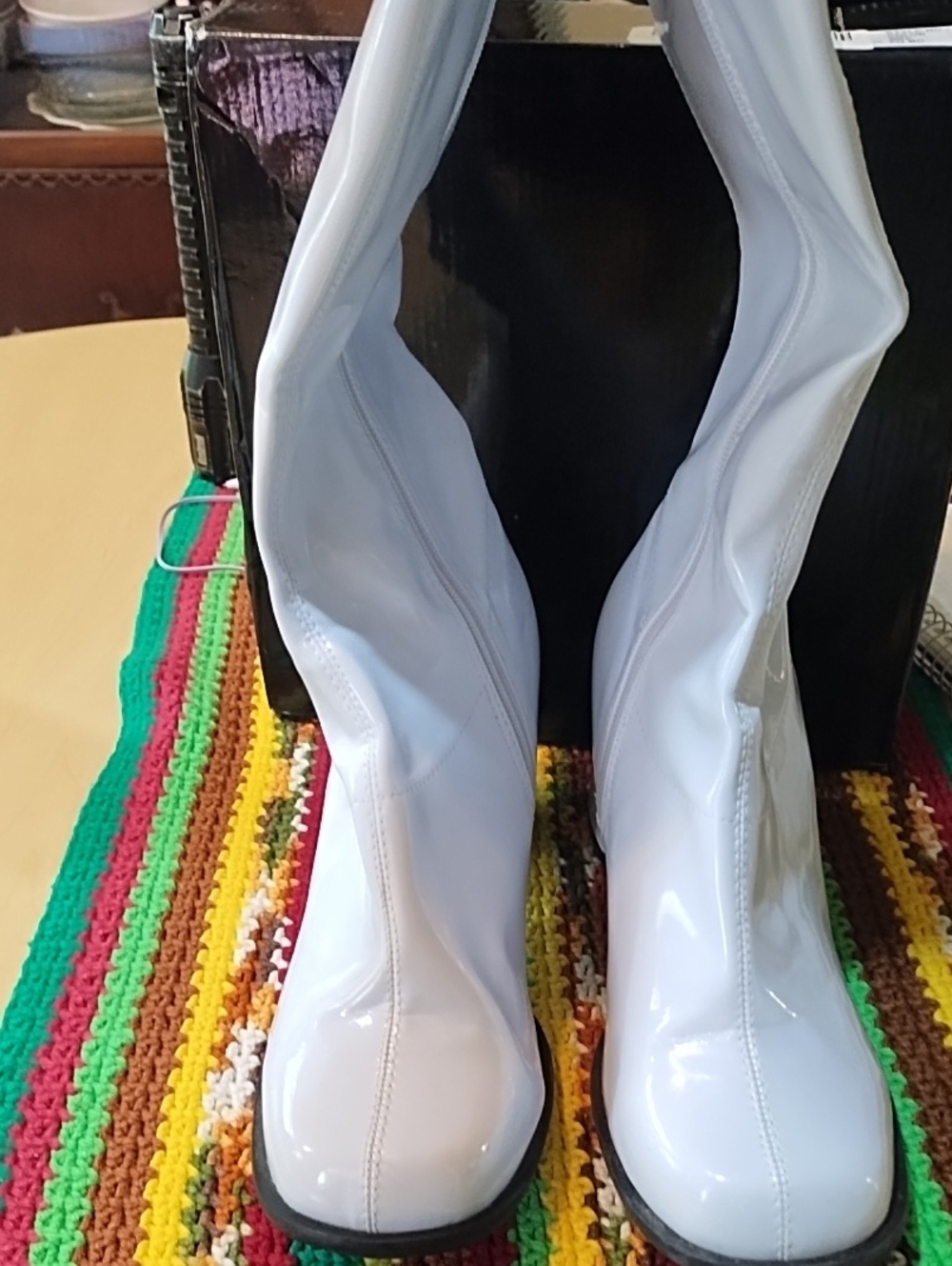 Ellie White Patent Heeled Knee-High Boots Size 10 Need Cleaned Inside VGC.